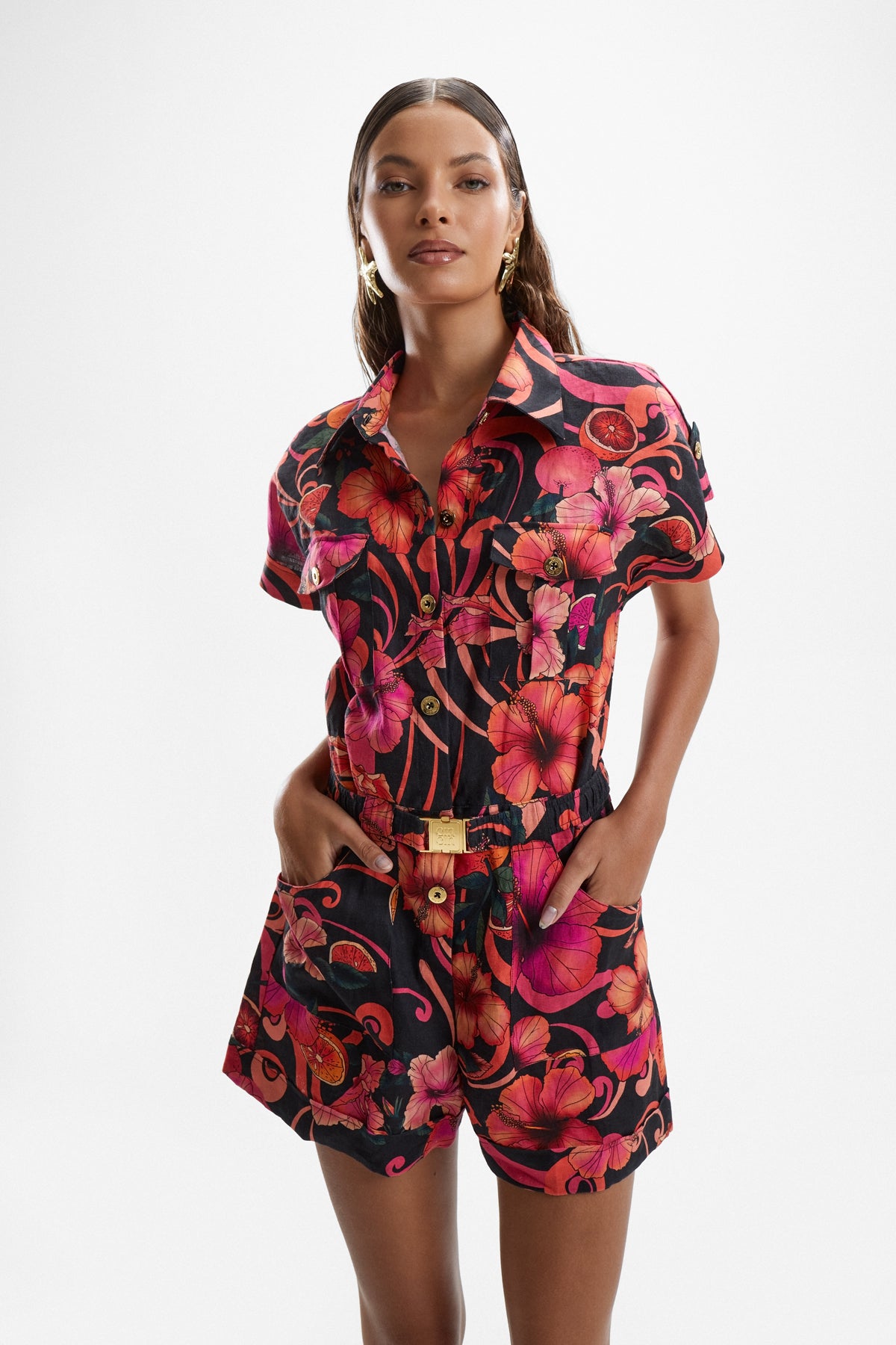 Spy' Linen Playsuit - Hibiscus Pink