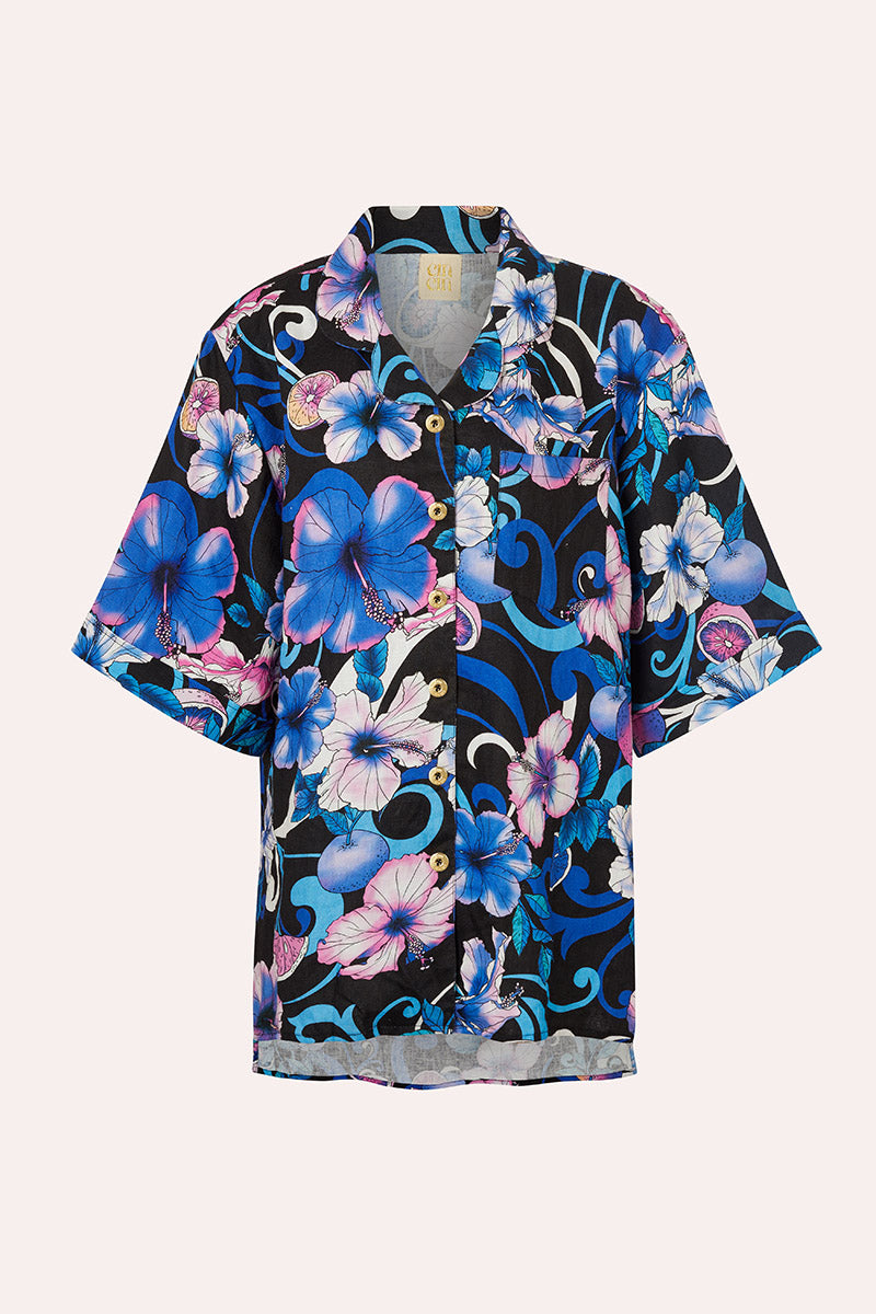 'Mirage' Bowling Shirt - Hibiscus Blue