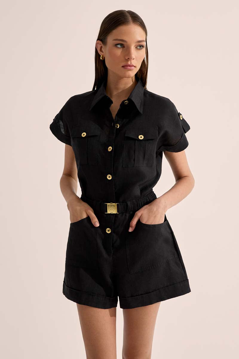 'Spy' Linen Playsuit - Black